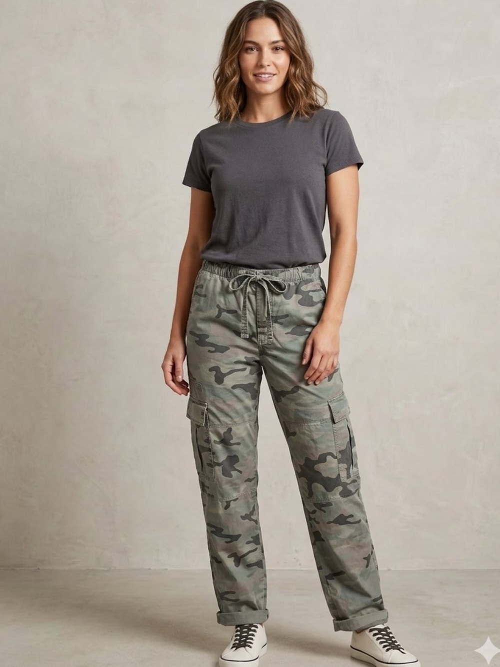 Gap fine twill cargo pants camo size SM waist tie cotton high rise barrel baggy